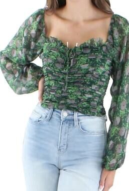 BCBGeneration Ruched Square Neck Top Green Floral Metallic Long Sleeve Blouse S